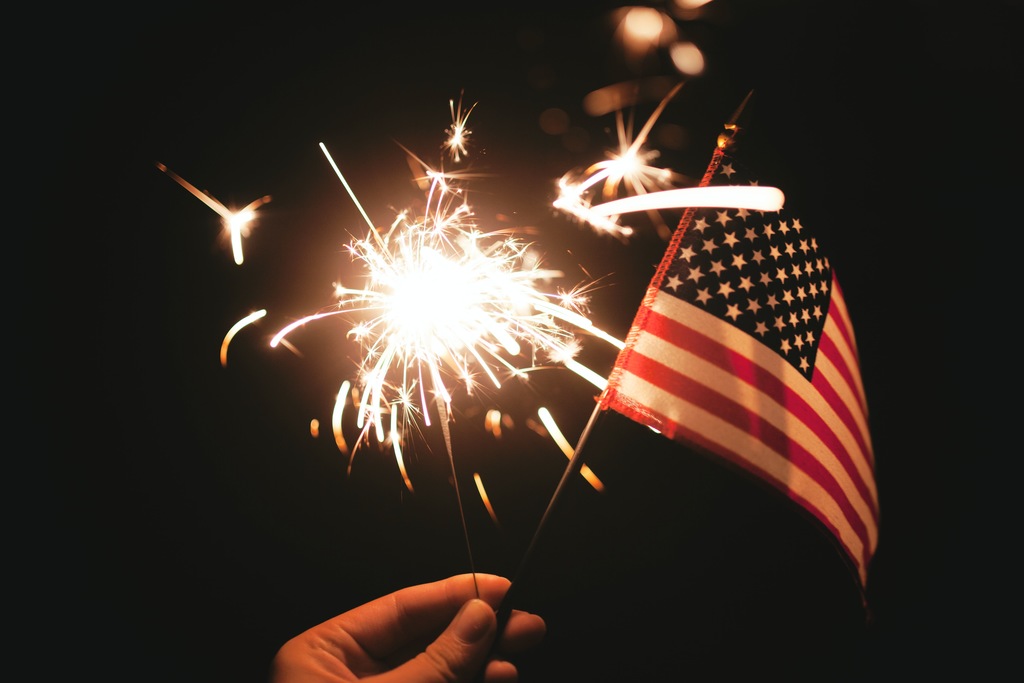 view of an american flag by night